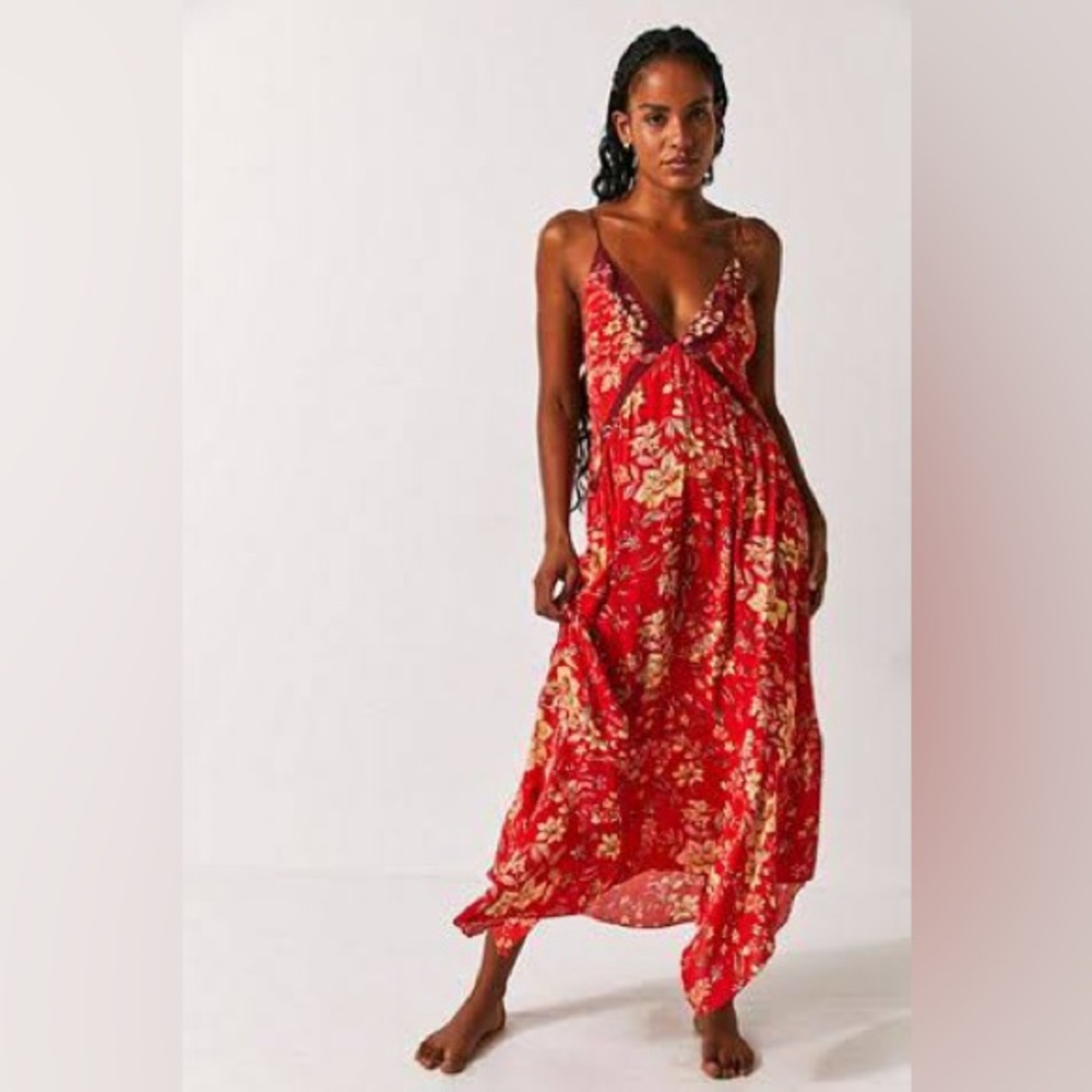 Free People There She Goes Maxi Slip Dress Red XS